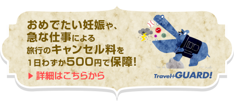 おめでたい妊娠や、急な仕事による旅行のキャンセル料を1日わずか500円で保障！